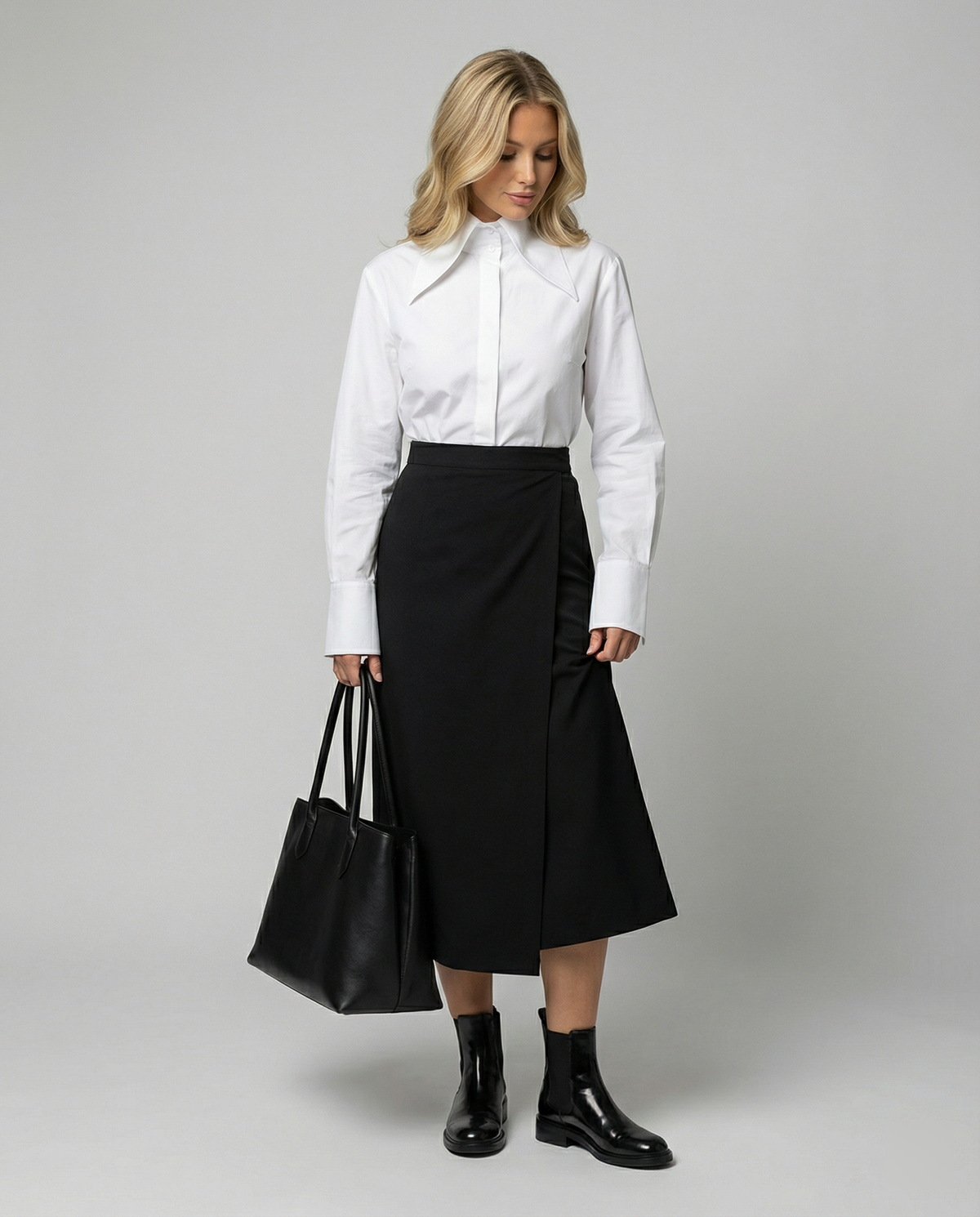 Women's Black Satin Midi Skirt with Side Slit