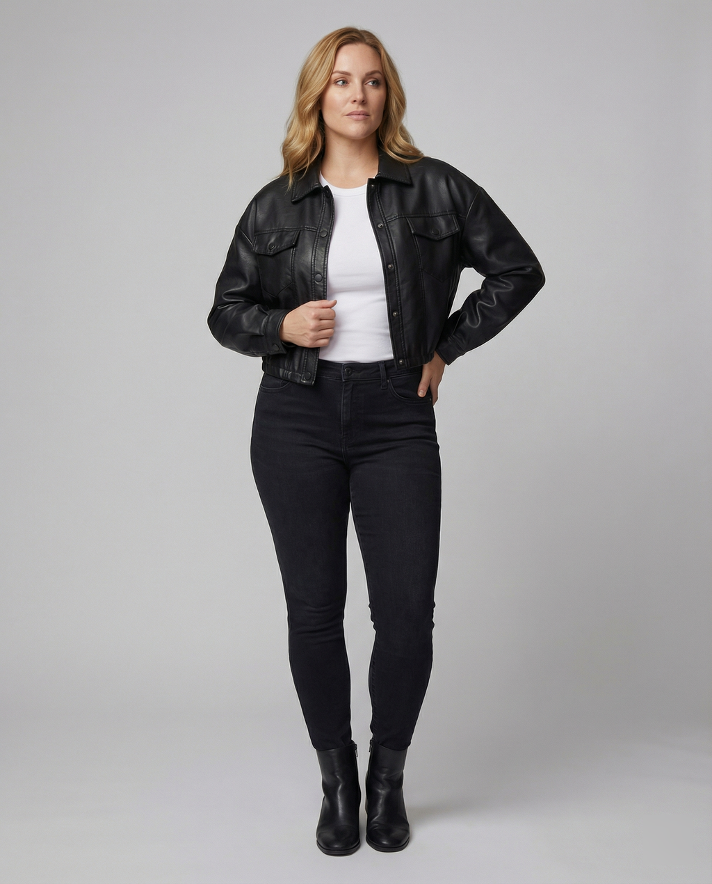 Women's Black Cropped Faux Leather Transitional Jacket
