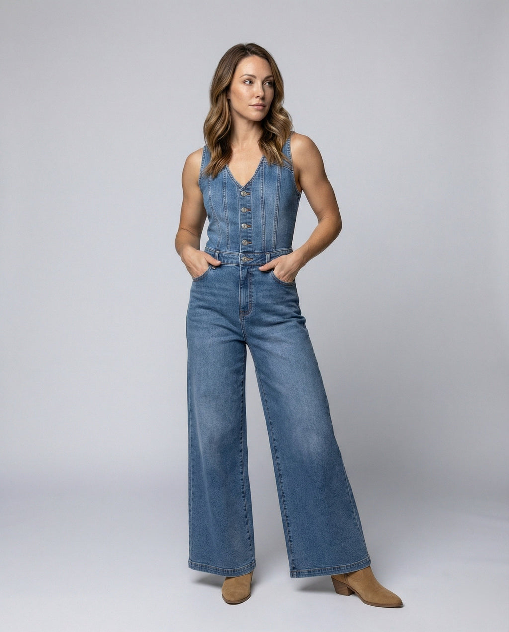 Women's Wide-Leg Jumpsuit with Elegant Button Placket