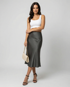 Women's Elegant Satin Midi Skirt with Flowing Cut and High Waist