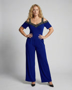 Elegant Women's Jumpsuit with Off-Shoulder Cut & Glittering Neckline