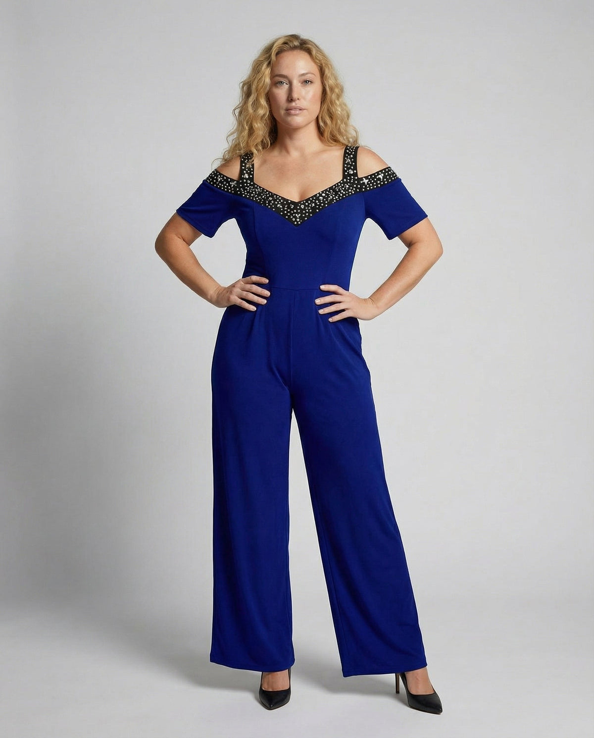 Elegant Women's Jumpsuit with Off-Shoulder Cut & Glittering Neckline