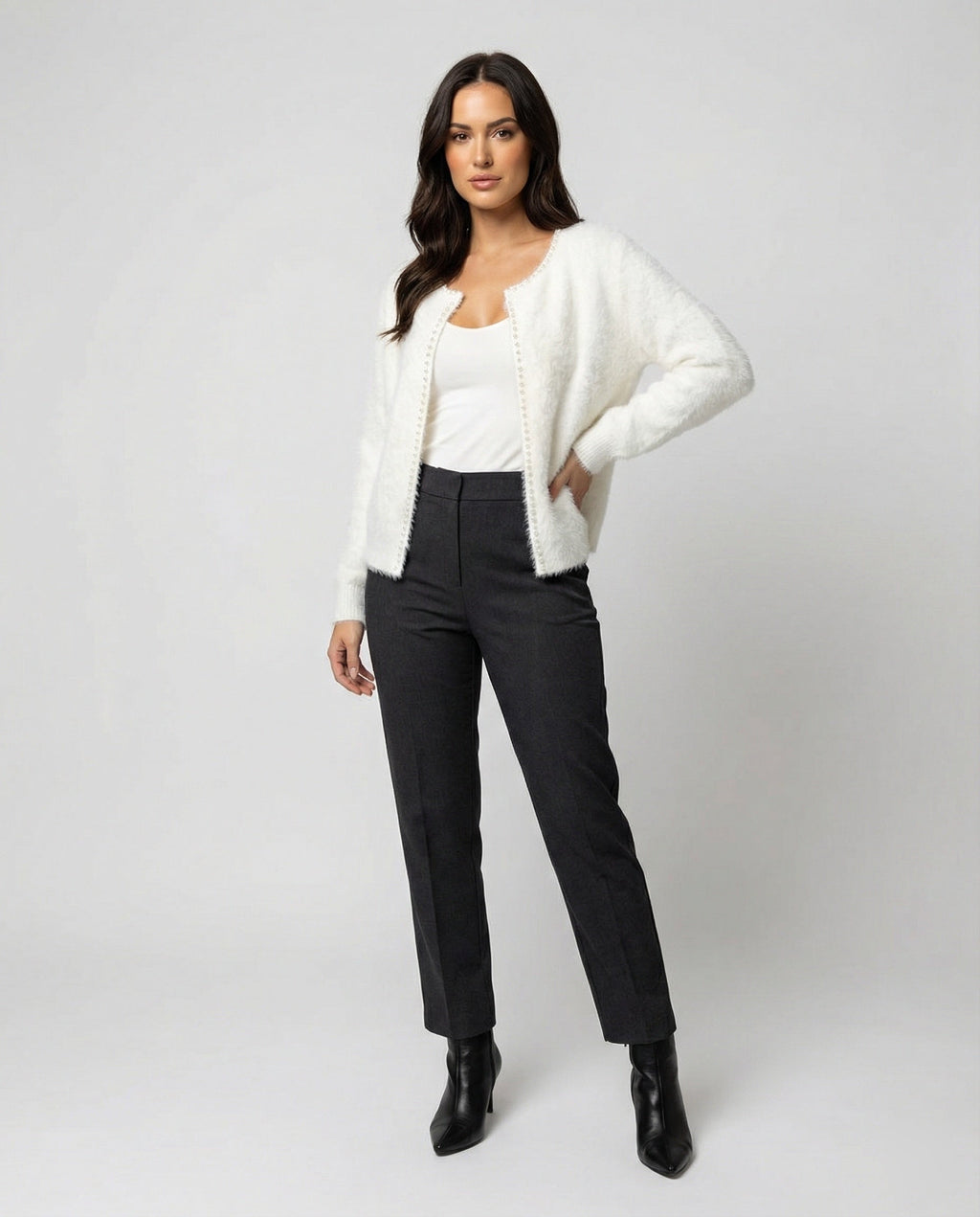 Women's Fluffy Cardigan with Pearl Detail