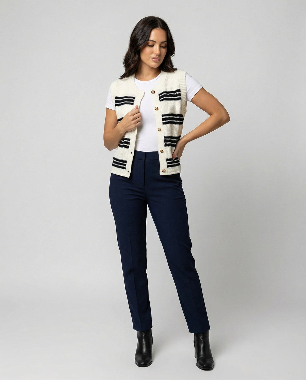 Women's Sleeveless Cardigan with Button Placket and Stripes