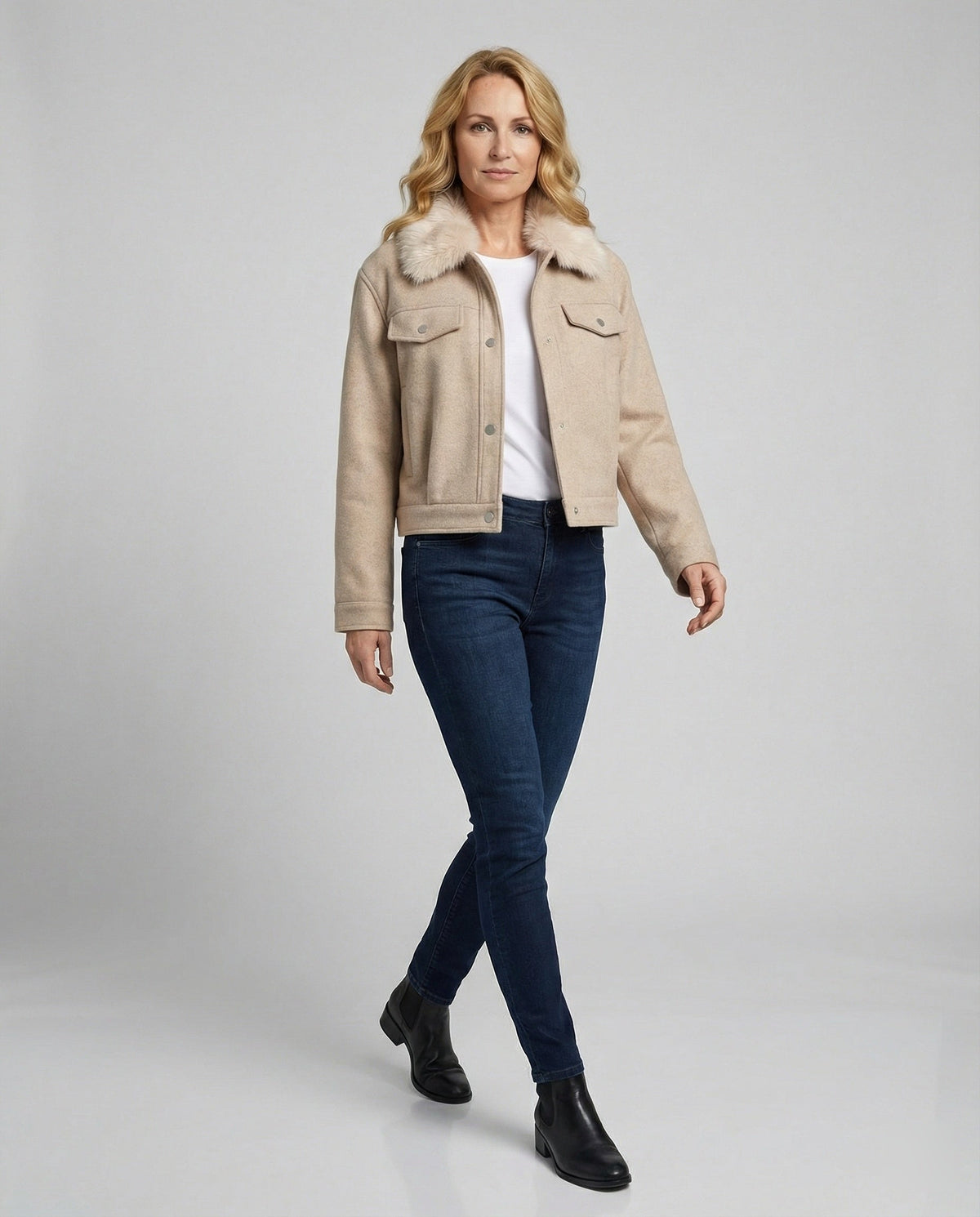 Women's Wool Jacket with Faux Fur Collar