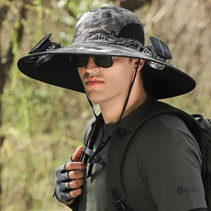 Outdoor Wide Brim Sun Hat with 2 Solar Fans