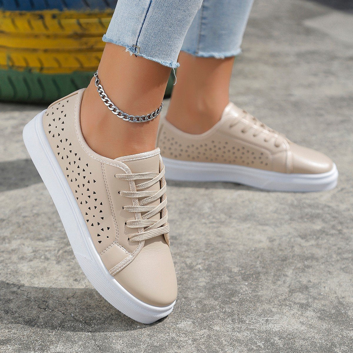 Beige Lace-Up Sneakers