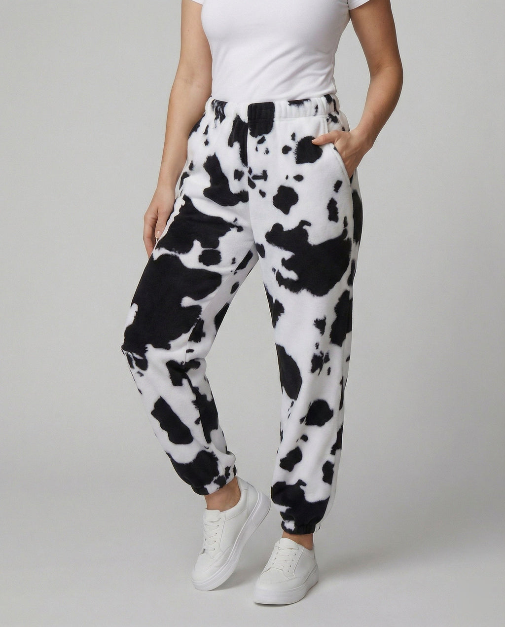 Women's Casual Cow Print Pants with Elastic Waist and Cuffs