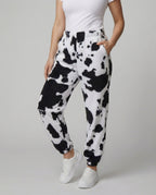 Women's Casual Cow Print Pants with Elastic Waist and Cuffs