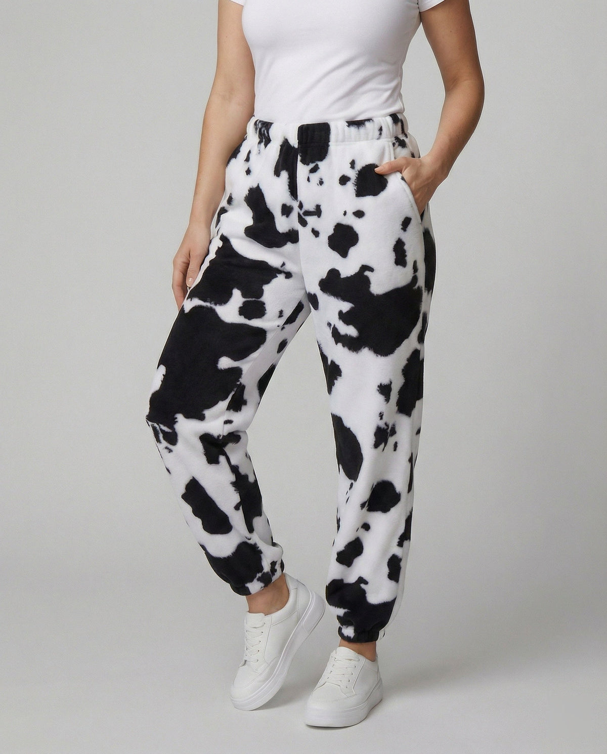 Women's Casual Cow Print Pants with Elastic Waist and Cuffs