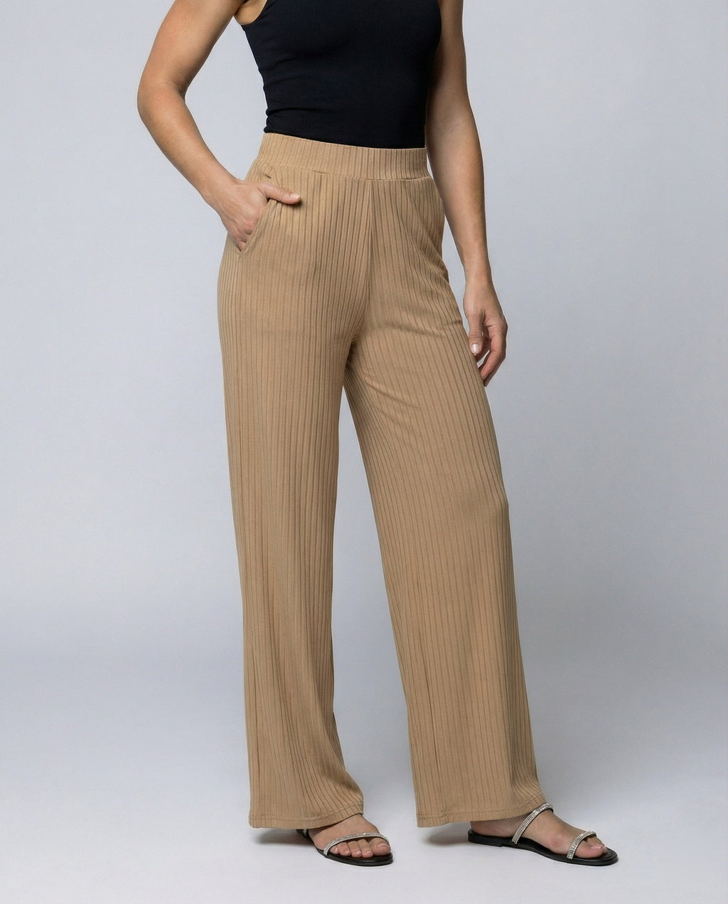 Women's Elegant Wide-Leg Summer Trousers with Fine Ribbed Texture
