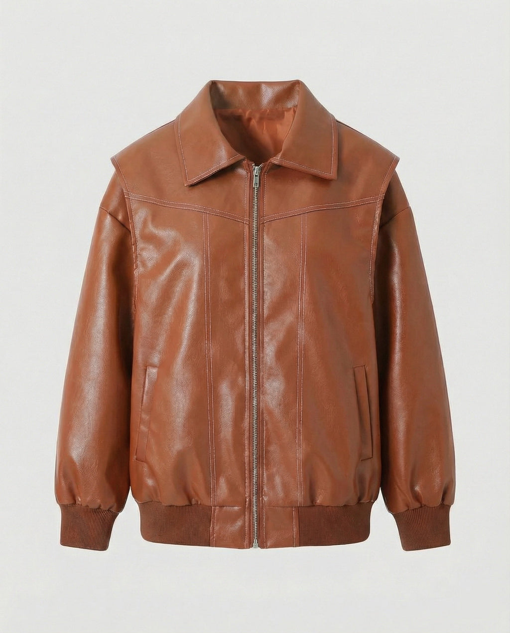 Elegant Faux Leather Jacket with High Collar