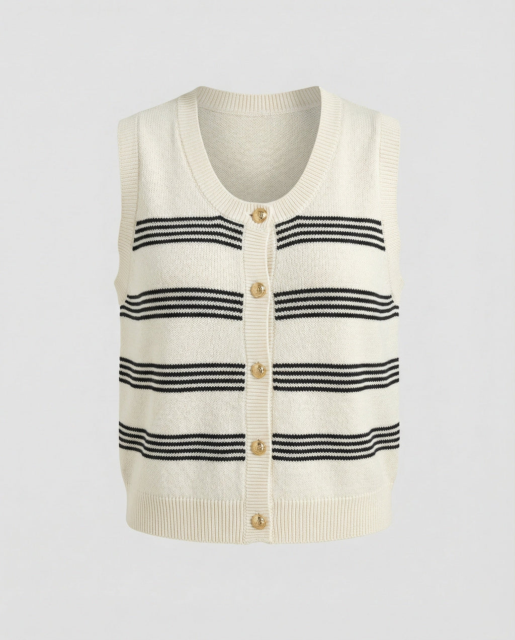 Women's Sleeveless Cardigan with Button Placket and Stripes