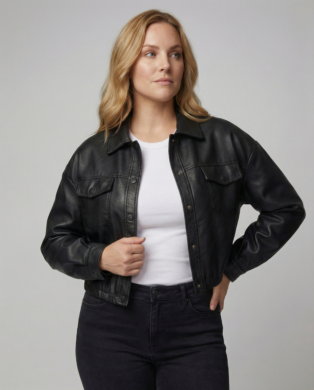 Women's Black Cropped Faux Leather Transitional Jacket