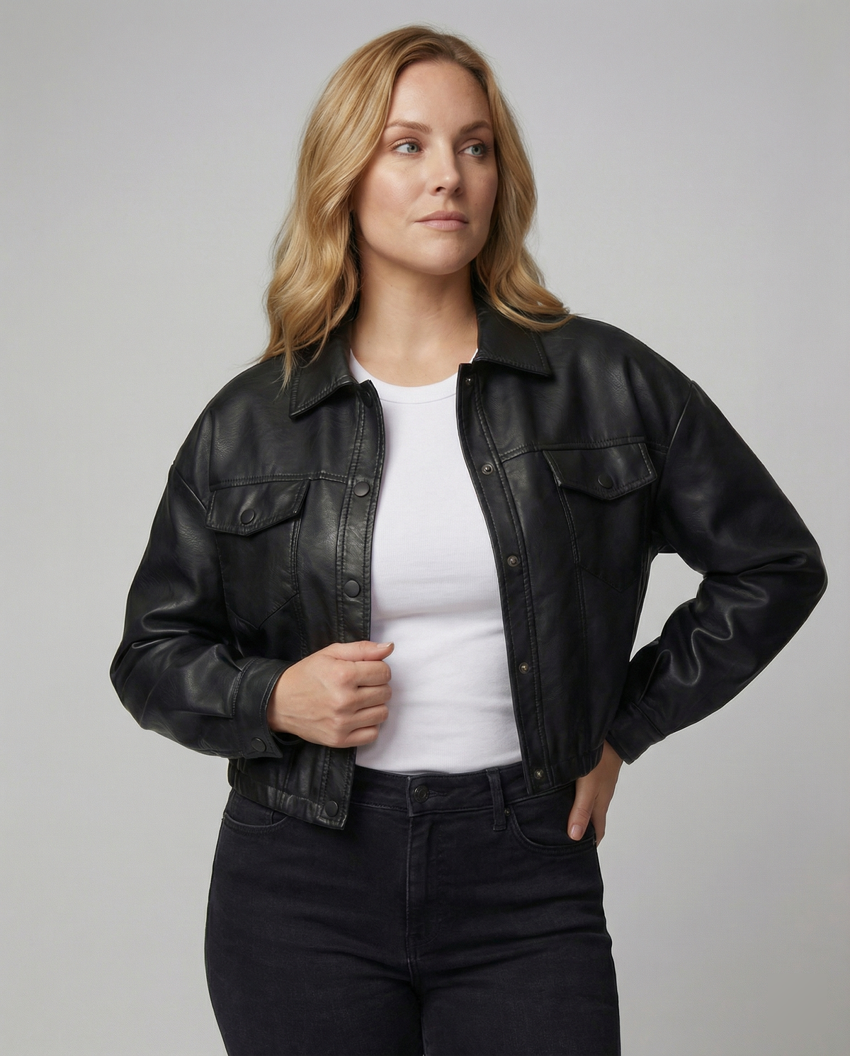 Women's Black Cropped Faux Leather Transitional Jacket