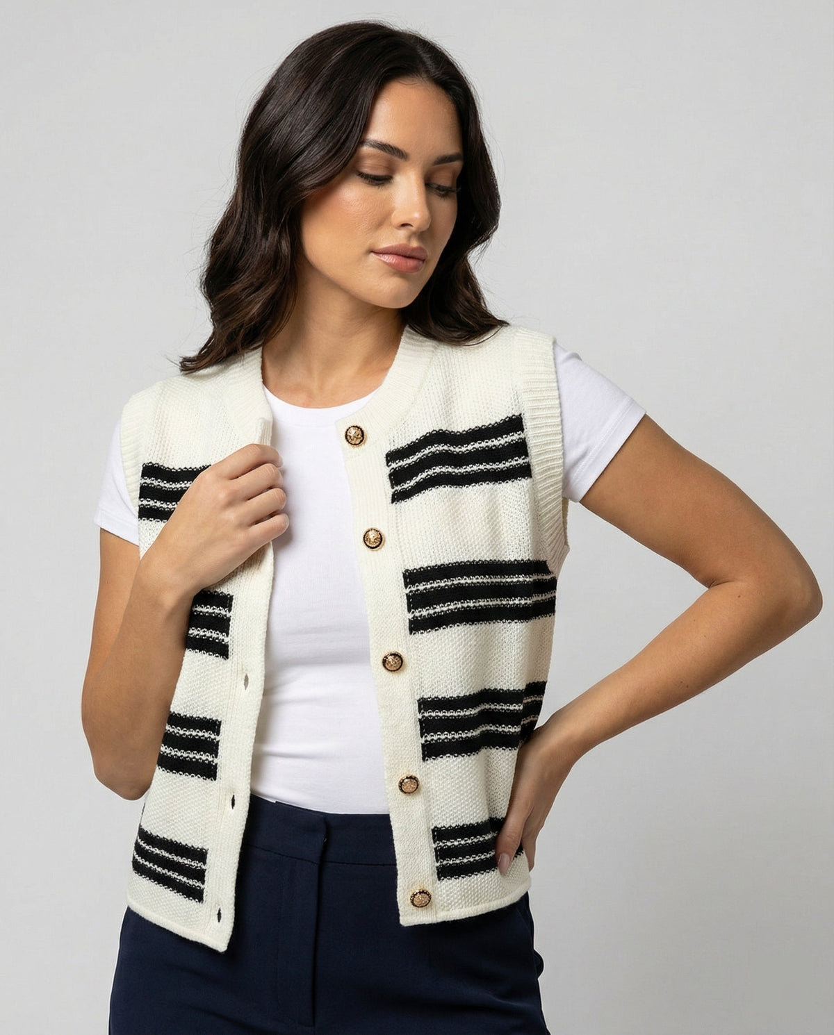Women's Sleeveless Cardigan with Button Placket and Stripes