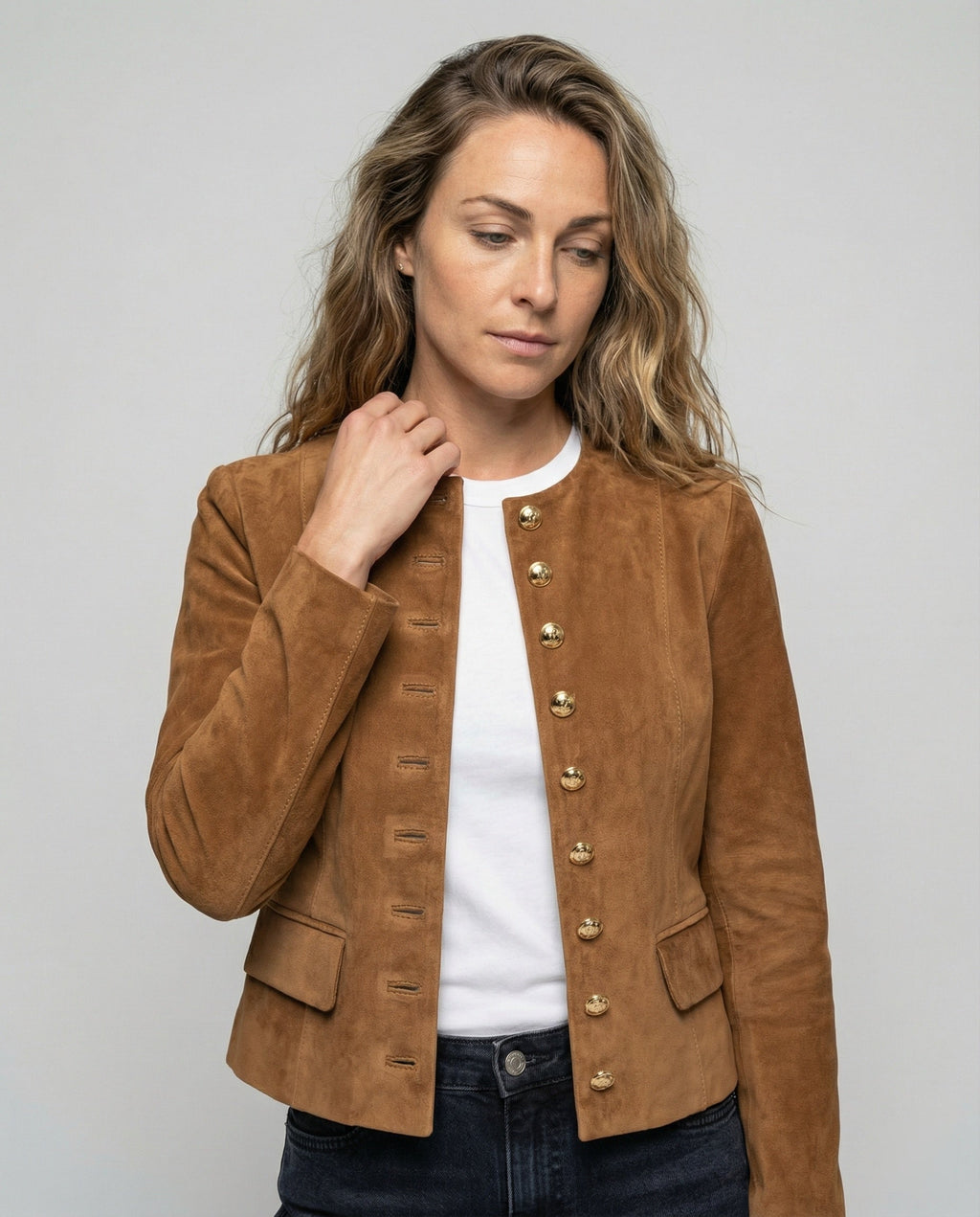 Women's Suede Jacket with Gold Buttons