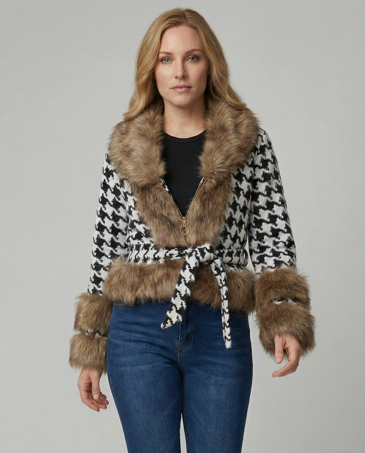 Women's Elegant Transitional Jacket with Faux Fur and Houndstooth