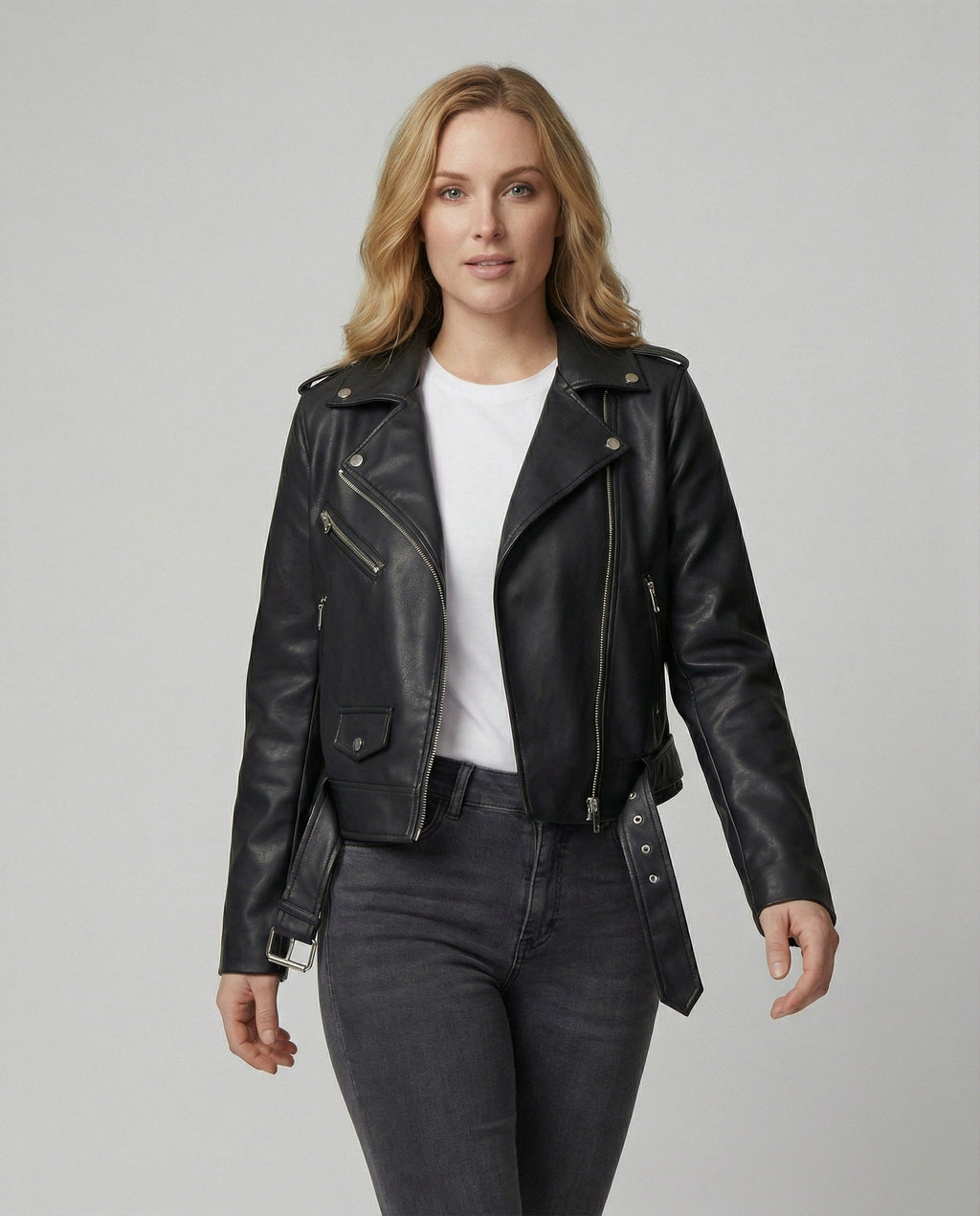 Women's Faux Leather Biker Jacket with Modern Details