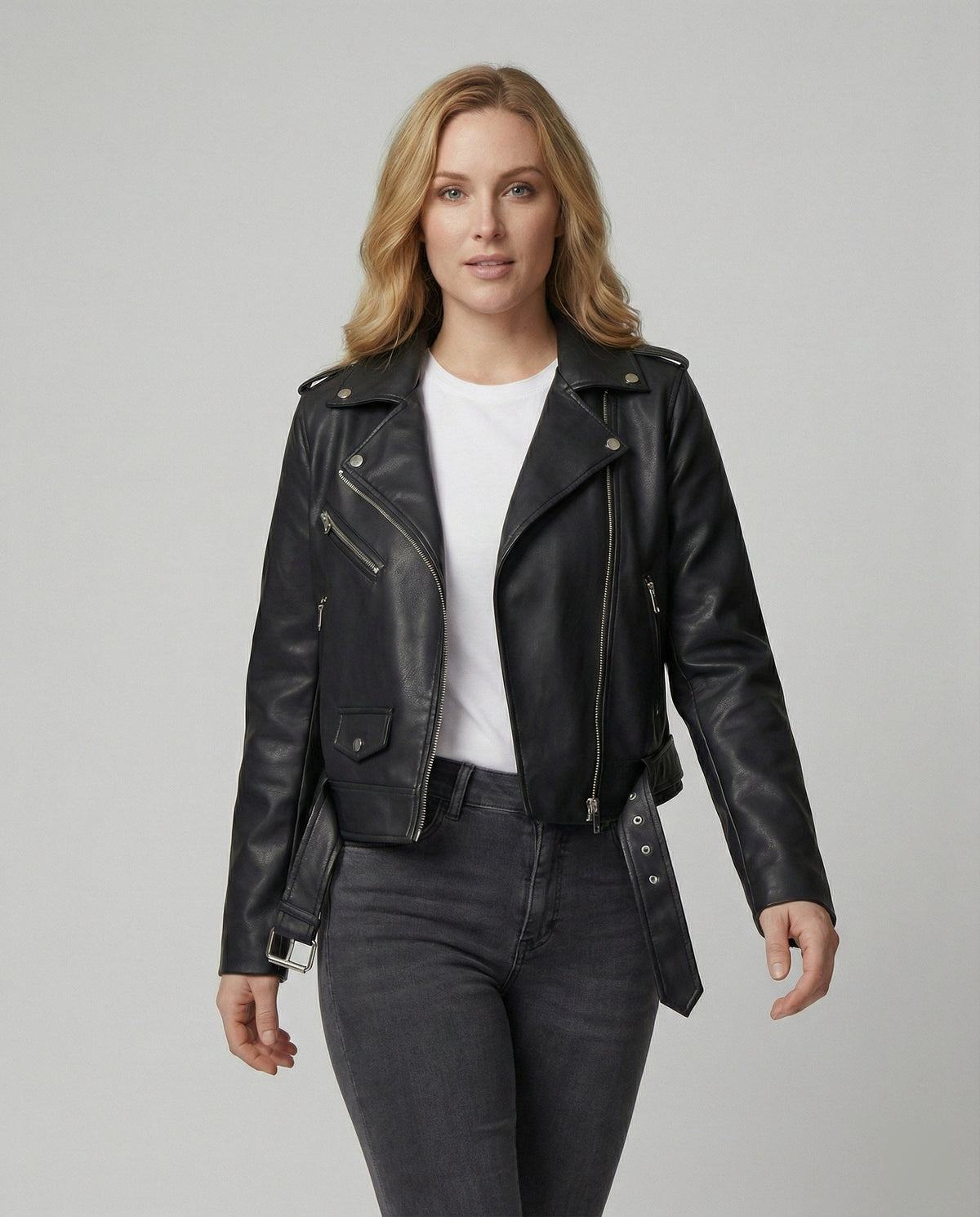 Women's Faux Leather Biker Jacket with Modern Details