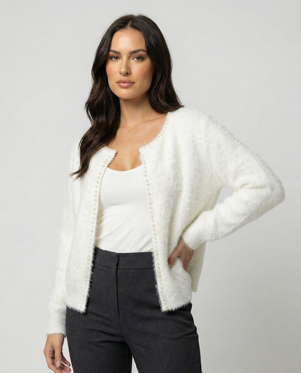 Women's Fluffy Cardigan with Pearl Detail