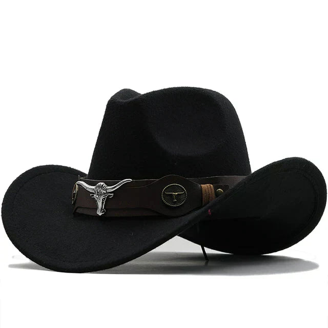 Western-Style Felt Hat with Bull Buckle Band