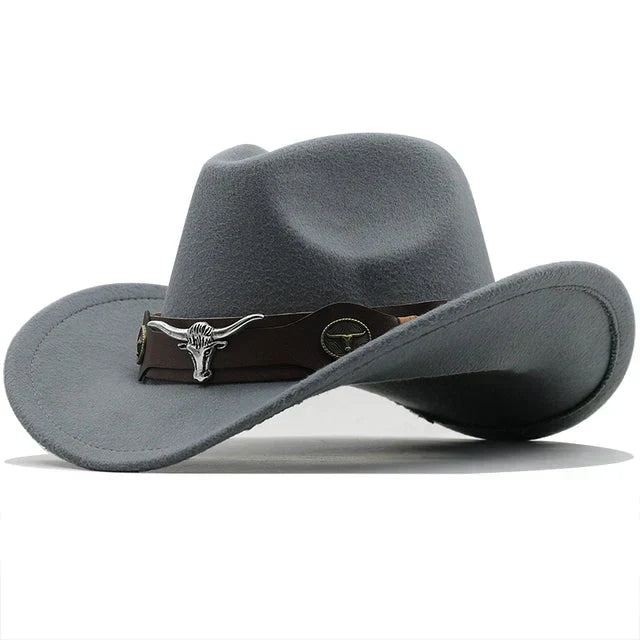 Western-Style Felt Hat with Bull Buckle Band