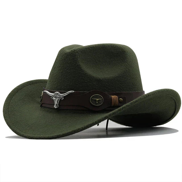 Western-Style Felt Hat with Bull Buckle Band