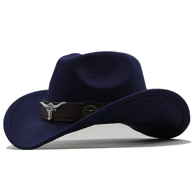 Western-Style Felt Hat with Bull Buckle Band