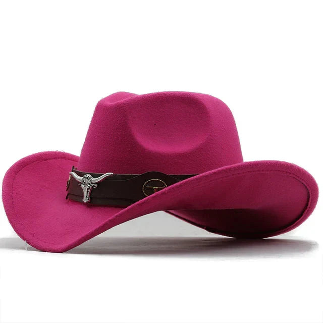 Western-Style Felt Hat with Bull Buckle Band