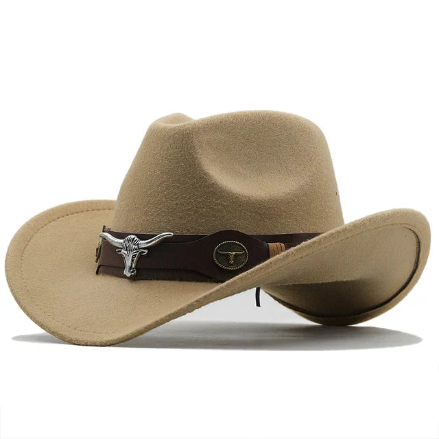 Western-Style Felt Hat with Bull Buckle Band
