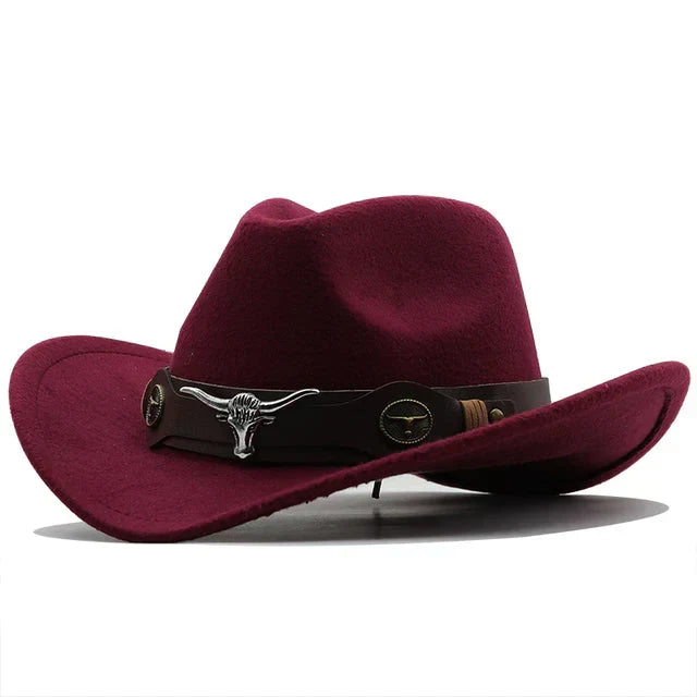 Western-Style Felt Hat with Bull Buckle Band