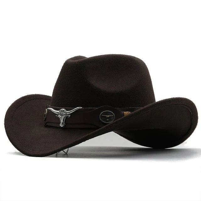 Western-Style Felt Hat with Bull Buckle Band